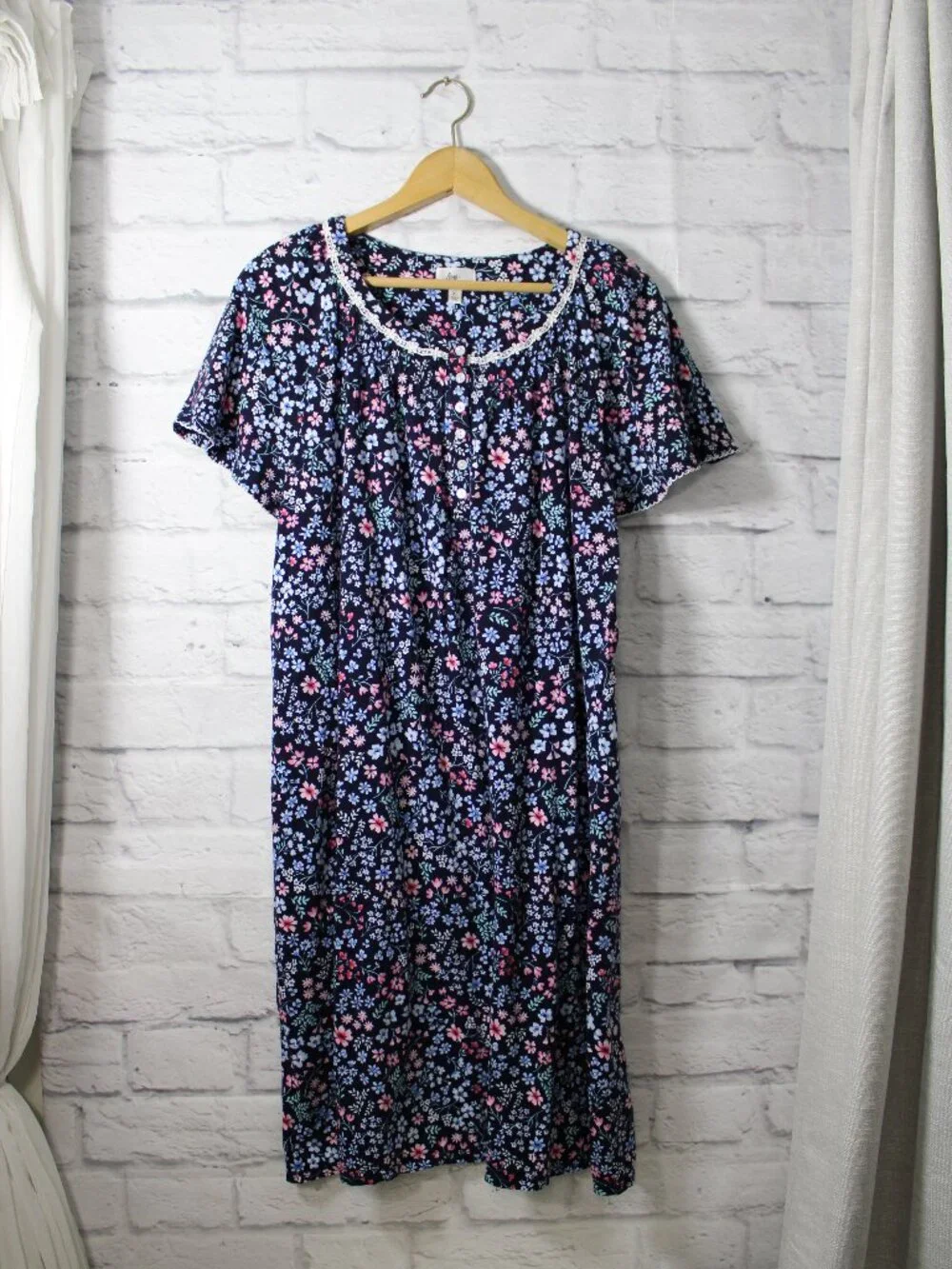 Aria Collection Extra Large navy Floral Round Neck Shortsleeve Cotton Nightgown
